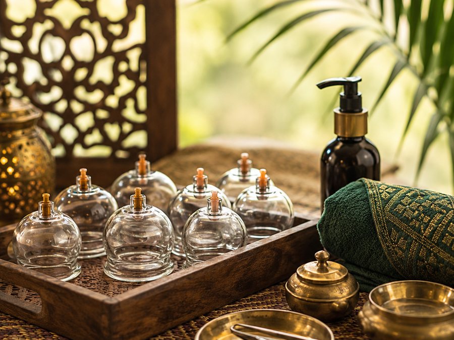 Cupping tools prepared for a focused area hijama session